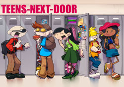 Rule 34 | 2girls, 3boys, ^ ^, numbuh 5, backpack, bag, bald, black hair, blonde hair, blunt bangs, book, bracelet, braid, brown hair, candy, cartoon network, chain, clenched hand, clenched teeth, closed eyes, codename: kids next door, dark skin, earrings, eating, english text, everyone, food, food on face, goggles, hat, high heels, hogarth pennywhistle gilligan jr, numbuh 2, hot dog, jewelry, numbuh 3, locker, lollipop, long hair, looking at another, multiple boys, multiple girls, necktie, numbuh 1, old, open mouth, pantyhose, parted lips, photo (object), ponytail, rainbow monkey, sandals, shorts, smile, standing, sunglasses, t k g, teeth, vest, numbuh 4, watch, wavy hair, wavy mouth