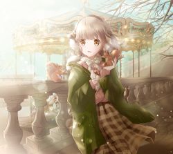 Rule 34 | 1girl, absurdres, animal, animal on hand, bag, bare tree, blue sky, breath, bridge, brown eyes, carousel, coat, commentary request, cowboy shot, day, earmuffs, green coat, hair blowing, hazelnut, highres, holding, holding animal, holding bag, hoshiibara mato, lens flare, light brown hair, light particles, looking to the side, open clothes, open coat, open mouth, original, outdoors, pink sweater, plaid, plaid skirt, road, short hair, skirt, sky, sleeves past wrists, solo, squirrel, standing, sweater, tree, wind, wind lift