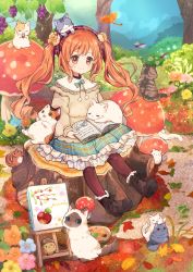 Rule 34 | 1girl, absurdres, acorn, animal, animal on head, animal on lap, autumn, autumn leaves, blush, book, boots, bow, brown cat, bug, bush, calico, canvas (object), cat, cat on head, cat on lap, chipmunk, collared shirt, dragonfly, easel, flower, food, forest, frilled shirt collar, frilled skirt, frills, fruit, fur-trimmed boots, fur trim, giant mushroom, grape vine, grapes, grey cat, hacosumi, hair flower, hair ornament, hairband, highres, holding, holding book, insect, kitten, long hair, mouse (animal), mushroom, nature, on head, on lap, orange eyes, orange hair, original, outdoors, painting (object), palette (object), pantyhose, plaid, plaid hairband, plaid skirt, pom pom (clothes), reading, shirt, siamese cat, sitting, sitting on tree stump, skirt, smile, solo, squirrel, too many, too many cats, tree, tree stump, twintails, very long hair, white cat