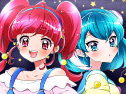 Rule 34 | 2girls, :d, :o, ahoge, blue eyes, blue hair, blush, collarbone, commentary request, hagoromo lala, hair bobbles, hair ornament, hoshina hikaru, kagami chihiro, looking at viewer, multiple girls, open mouth, precure, red eyes, red hair, short hair, smile, star-shaped pupils, star (symbol), star twinkle precure, starry background, symbol-shaped pupils, twintails, upper body