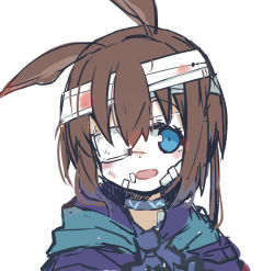 Rule 34 | 1girl, :o, amiya (arknights), animal ears, arknights, bandages, blue eyes, blue jacket, brown hair, choker, hair between eyes, jacket, long hair, looking at viewer, open mouth, portrait, rabbit ears, simple background, solo, sukima (crie), white background