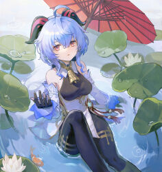 Rule 34 | 1girl, acryyy, ahoge, black gloves, black pantyhose, blue hair, chinese clothes, ganyu (genshin impact), genshin impact, gloves, highres, horns, light blue hair, lily pad, oil-paper umbrella, open mouth, pantyhose, partially submerged, purple eyes, red umbrella, sheep horns, sitting, solo, tight clothes, umbrella, vision (genshin impact), water, wet