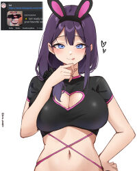 Rule 34 | 1girl, :p, absurdres, animal ears, black shirt, blue eyes, blush, breasts, cleavage, cleavage cutout, clothing cutout, crop top, fake animal ears, hand on own hip, heart cutout, highres, large breasts, long hair, looking at viewer, midriff, navel, original, pinepin, purple hair, rabbit ears, shirt, short sleeves, simple background, smile, solo, stomach, tongue, tongue out, upper body, white background