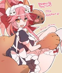 Rule 34 | 1girl, :d, animal ears, animal hands, beige background, bell, brown eyes, cat ears, cat paws, cat tail, collar, fangs, fate/grand order, fate (series), hair ornament, long hair, looking at viewer, maid, maid headdress, mom 29 mom, neck bell, open mouth, pink hair, ponytail, simple background, smile, solo, tail, tamamo (fate), tamamo cat (fate), tamamo cat (second ascension) (fate), tamamo no mae (fate/extra), thighhighs, twitter username, white thighhighs