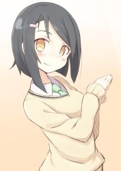 Rule 34 | 1girl, black hair, blush, gradient background, hair ornament, hairclip, long sleeves, looking at viewer, necktie, own hands together, parted bangs, school uniform, senhappyaku, simple background, smile, solo, sweater, yellow background, yellow eyes