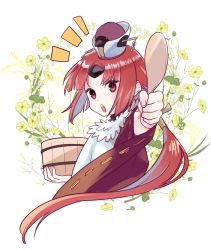 Rule 34 | 1girl, apron, benienma (fate), cropped torso, fate/grand order, fate (series), hat, hinoya, holding, japanese clothes, long hair, long sleeves, looking at viewer, low ponytail, open mouth, parted bangs, red eyes, red hair, shamoji, solo, very long hair, white apron, wide sleeves