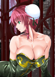 Rule 34 | 1girl, adapted costume, alternate costume, alternate hairstyle, bare shoulders, braid, breasts, bun cover, chignon, chinese text, cleavage, collarbone, commentary request, dragon, dragon print, dress, earrings, elbow gloves, female focus, formal, gate, gloves, green dress, green eyes, green gloves, hong meiling, jewelry, large breasts, leaning, leaning forward, lips, looking back, maho (yakimorokoshi), neck, profile, red hair, short hair, short hair with long locks, smile, solo, strapless, strapless dress, stud earrings, touhou
