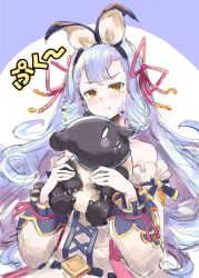 Rule 34 | 1girl, :t, absurdres, animal, animal ears, bare shoulders, closed mouth, granblue fantasy, highres, holding, holding animal, long hair, long sleeves, looking at viewer, orange eyes, phoebe (granblue fantasy), pout, purple hair, runemill, solo, tapir, tears, upper body