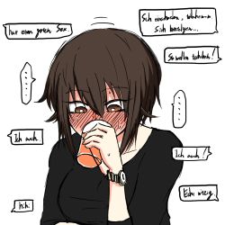 Rule 34 | ..., 1girl, aged up, black shirt, blush, brown eyes, brown hair, casual, cup, drinking, drinking glass, embarrassed, full-face blush, german text, girls und panzer, holding, holding cup, looking down, motion lines, nishizumi maho, noumen, shirt, short hair, short sleeves, simple background, solo, spoken ellipsis, sweat, sweatdrop, translated, upper body, watch, white background, wristwatch