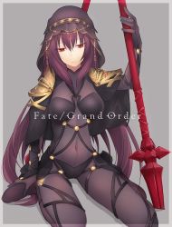 Rule 34 | 1girl, bodysuit, breasts, closed mouth, copyright name, covered navel, fate/grand order, fate (series), gae bolg (fate), hair between eyes, holding, holding polearm, holding spear, holding weapon, kneeling, long hair, looking down, medium breasts, polearm, purple hair, red eyes, scathach (fate), sidelocks, solo, spear, thighs, uninu, veil, weapon