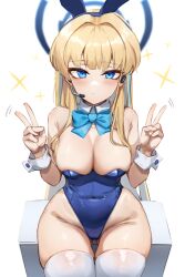 Rule 34 | 1girl, animal ears, aqua bow, aqua bowtie, blonde hair, blue archive, blue eyes, blue leotard, bow, bowtie, breasts, cameltoe, covered navel, daydream (zhdkffk21), detached collar, double v, earpiece, fake animal ears, halo, highleg, highleg leotard, highres, large breasts, leotard, long hair, official alternate costume, playboy bunny, rabbit ears, shiny skin, sitting, solo, strapless, strapless leotard, thigh gap, toki (blue archive), toki (bunny) (blue archive), v, wide hips, wrist cuffs