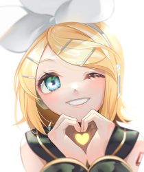 Rule 34 | 1girl, backlighting, blonde hair, bloom, blue eyes, blurry, bow, depth of field, detached sleeves, eyelashes, gouya daifuku, grin, hair bow, hair ornament, hairclip, headphones, headset, heart, heart hands, highres, kagamine rin, looking at viewer, number tattoo, one eye closed, own hands together, pale skin, sailor collar, shoulder tattoo, smile, solo, swept bangs, tattoo, vocaloid