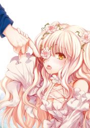 Rule 34 | 1girl, ai (creamcaramel), blonde hair, breasts, choker, drooling, eyepatch, flower, hair flower, hair ornament, kirakishou, long hair, looking at viewer, nipples, plant, rose, rozen maiden, saliva, saliva trail, sexually suggestive, small breasts, thorns, tongue, tongue out, very long hair, vines, yellow eyes