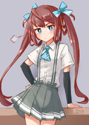 Rule 34 | 1girl, puff of air, arm warmers, asagumo (kancolle), ascot, blue ascot, brown hair, commentary request, cowboy shot, grey background, hair ribbon, highres, izumikuma, kantai collection, long hair, looking at viewer, pleated skirt, ribbon, shirt, short sleeves, simple background, skirt, solo, standing, suspenders, twintails, white shirt