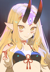 Rule 34 | 1girl, bare shoulders, bikini, black bikini, blonde hair, body markings, breasts, collarbone, earrings, facial mark, fate/grand order, fate (series), forehead, forehead mark, grin, hair pulled back, highres, horns, ibaraki douji (fate), ibaraki douji (fate/grand order), ibaraki douji (swimsuit lancer) (fate), ibaraki douji (swimsuit lancer) (first ascension) (fate), jewelry, long hair, looking at viewer, oni, oni horns, pointy ears, sharp teeth, small breasts, smile, solo, swimsuit, tattoo, teeth, timbougami, yellow eyes