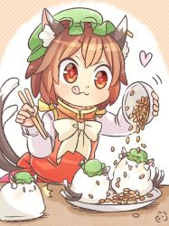 Rule 34 | &gt; &lt;, 1girl, :3, :d, ^^^, animal ears, brown hair, cat ears, cat tail, chen, chopsticks, closed eyes, earrings, food, green hat, hat, heart, ibaraki natou, jewelry, long sleeves, mob cap, multiple tails, nattou, nekomata, open mouth, short hair, simple background, single earring, smile, striped, striped background, tail, tongue, tongue out, touhou, two tails, xd