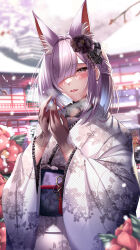 Rule 34 | 1girl, absurdres, animal ear fluff, animal ears, black gloves, blurry, blurry background, blush, earrings, extra ears, floral print, floral print kimono, flower, fox ears, fox girl, gloves, hair flower, hair ornament, hair over one eye, highres, indie virtual youtuber, japanese clothes, jewelry, kamishiro natsume, kimono, long sleeves, looking at viewer, medium hair, obi, open mouth, outdoors, purple hair, sash, solo, virtual youtuber, white kimono, wide sleeves, yuuzuki hijiri