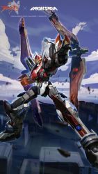 Rule 34 | aquarion (series), clenched hand, cloud, commentary, english commentary, flying, iron saga, looking at viewer, mecha, no humans, official art, open hand, red eyes, robot, science fiction, sky, solar aquarion, solo, sousei no aquarion, super robot