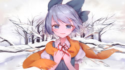 Rule 34 | 1girl, blue bow, blue eyes, blue hair, blush, bow, breath, cirno, hair bow, hands on own chest, highres, ice, ice wings, kyuri tizu, looking at viewer, matching hair/eyes, neck ribbon, orange scarf, outdoors, puffy short sleeves, puffy sleeves, red ribbon, ribbon, scarf, short hair, short sleeves, smile, snow, solo, touhou, upper body, wings, winter