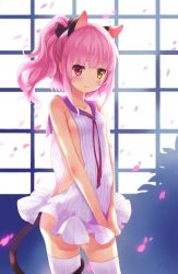 Rule 34 | 1girl, absurdres, animal ears, backlighting, bare arms, bare shoulders, black bow, blunt bangs, blush, bow, breasts, cat ears, cat girl, cat tail, closed mouth, clothing cutout, collarbone, cowboy shot, dress, dress tug, hair bow, heterochromia, highres, looking at viewer, miu (pixiv4149478), no bra, original, pink eyes, pink hair, ponytail, side cutout, sideboob, small breasts, solo, tail, thighhighs, white dress, white thighhighs, window, yellow eyes