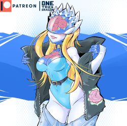 Rule 34 | 1girl, blue leotard, cendrillmon, curvy, digimon, digimon (creature), female focus, flower, highleg, highleg leotard, jacket, leotard, leotard under clothes, lips, onetrickdragon, open clothes, open jacket, revealing clothes, smile, solo, wide hips