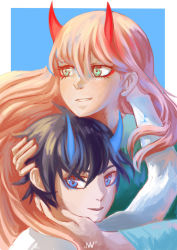 Rule 34 | 10s, 1boy, 1girl, black hair, blue eyes, blue horns, couple, darling in the franxx, green eyes, hand on another&#039;s face, hand on another&#039;s head, hetero, highres, hiro (darling in the franxx), horns, long hair, looking at viewer, manyaleni, oni horns, pink hair, red horns, short hair, signature, zero two (darling in the franxx)