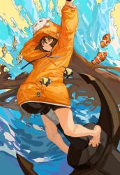 Rule 34 | 1girl, amatuki, anchor, anchor symbol, arm up, barefoot, bike shorts, brown eyes, brown hair, feet, fish, guilty gear, guilty gear strive, hat, heart, heart tattoo, highres, holding, holding anchor, hood, hoodie, looking at viewer, may (guilty gear), ocean, orange hat, orange hoodie, pirate hat, skull and crossbones, solo, tattoo