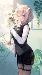 Rule 34 | 1girl, animal ears, asymmetrical bangs, black pantyhose, black shorts, black vest, bolo tie, bouquet, collared shirt, dress shirt, ear piercing, flower, grey eyes, hair over one eye, highres, holding, holding bouquet, hololive, indoors, lion ears, long sleeves, looking at viewer, multicolored hair, official alternate costume, official alternate hair length, official alternate hairstyle, pantyhose, parted lips, piercing, shirt, shishiro botan, shishiro botan (button-down), short hair, short shorts, shorts, solo, streaked hair, thigh strap, vest, virtual youtuber, waistcoat, white shirt, xyunx