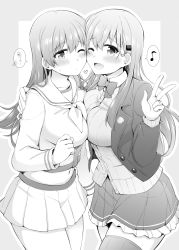 Rule 34 | 2girls, ;d, ascot, blazer, blush, breast press, breasts, cheek-to-cheek, cowboy shot, greyscale, hair ornament, hairclip, hand on another&#039;s shoulder, heads together, heart, highres, hug, jacket, jewelry, kantai collection, large breasts, long hair, looking at viewer, midriff, monochrome, multiple girls, musical note, navel, one eye closed, ooi (kancolle), open mouth, pleated skirt, remodel (kantai collection), ribbon, ring, rui shi (rayze ray), school uniform, serafuku, skirt, smile, speech bubble, spoken musical note, stomach, suzuya (kancolle), symmetrical docking, thighhighs, vest, w, zettai ryouiki