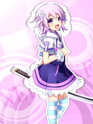 Rule 34 | 10s, 1girl, blush, character name, d-pad, dress, female focus, gradient background, hair ornament, highres, looking at viewer, neptune (neptunia), neptune (series), open mouth, purple eyes, purple hair, short hair, solo, striped clothes, striped thighhighs, sword, thighhighs, warabi mochi (ehimedaisuki), weapon