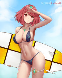Rule 34 | 1girl, armpits, arms up, artist name, bare arms, bare shoulders, bikini, black bikini, blue sky, blush, breasts, cleavage, closed mouth, collarbone, contrapposto, cowboy shot, dakkalot, day, earrings, female focus, gem, holding, jewelry, large breasts, looking at viewer, matching hair/eyes, navel, nintendo, outdoors, patreon username, pyra (xenoblade), red eyes, red hair, salute, short hair, sky, smile, solo, stomach, surfboard, swept bangs, swimsuit, thighs, tiara, xenoblade chronicles (series), xenoblade chronicles 2