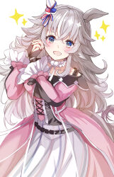 Rule 34 | 1girl, animal ears, blue eyes, blush, breasts, dress, grey hair, hair between eyes, hair ornament, hanamura pink, highres, horse ears, horse girl, horse tail, long hair, looking at viewer, open mouth, own hands clasped, own hands together, simple background, small breasts, solo, tail, thick eyebrows, umamusume, white background, wonder acute (umamusume)