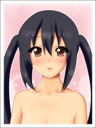 Rule 34 | 1girl, black hair, blush, brown eyes, completely nude, flat chest, highres, k-on!, kimuti-g, long hair, looking at viewer, nakano azusa, nude, smile, solo, twintails