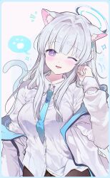 Rule 34 | 0202ase, 1girl, absurdres, animal ear fluff, animal ears, black pantyhose, blue archive, blue necktie, blush, breasts, cat ears, cat tail, collared shirt, fang, grey hair, halo, heart, highres, jacket, long hair, long sleeves, looking at viewer, mechanical halo, medium breasts, motion lines, necktie, noa (blue archive), one eye closed, open clothes, open jacket, open mouth, pantyhose, purple eyes, shirt, skin fang, smile, solo, spoken paw, tail, two-sided fabric, two-sided jacket, white jacket, white shirt