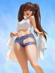 Rule 34 | 1girl, brown hair, denim, denim shorts, fang, hair ribbon, heart, heart-shaped pupils, highres, holding, holding clothes, llttyyyuu, long hair, looking at viewer, open mouth, original, pink eyes, ribbon, short shorts, shorts, sky, symbol-shaped pupils, tank top, torn clothes, torn shorts, twintails