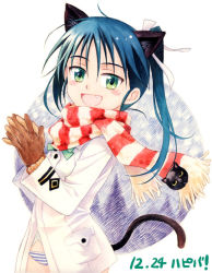 Rule 34 | 00s, 1girl, agahari, animal ears, blue hair, blush, cat ears, cat tail, fang, francesca lucchini, gloves, green eyes, hair ribbon, open mouth, panties, ribbon, scarf, solo, strike witches, striped clothes, striped panties, striped scarf, tail, underwear, uniform, world witches series