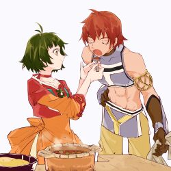 Rule 34 | 1boy, 1girl, absurdres, back bow, bow, brown eyes, brown gloves, choker, closed mouth, collarbone, dress, farah oersted, food, gloves, green hair, highres, jewelry, open mouth, orange dress, red choker, red hair, reid hershel, short hair, simple background, smile, tales of (series), tales of eternia, white background, youme xz