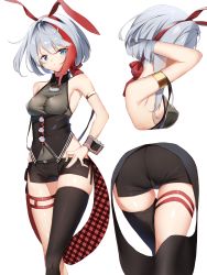 Rule 34 | 1girl, admiral graf spee (azur lane), alternate costume, animal ears, armlet, armpits, asymmetrical legwear, azur lane, black shorts, black thighhighs, black vest, blue eyes, breasts, commentary, covered navel, fake animal ears, hand on own hip, highres, hino kagutsuki, looking at viewer, medium breasts, multicolored hair, multiple views, rabbit ears, red hair, short hair, short shorts, shorts, silver hair, simple background, single thighhigh, standing, streaked hair, thighhighs, uneven legwear, vest, white background, wrist cuffs