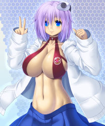 Rule 34 | 1girl, arms up, asamura hiori, blue background, blush, breasts, collarbone, dark skin, dark-skinned female, hair ornament, highres, honeycomb (pattern), honeycomb background, honeycomb pattern, jacket, large breasts, navel, open clothes, open jacket, original, purple hair, revealing clothes, short hair, skirt, smile, solo, v