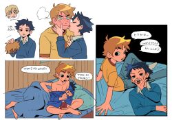 Rule 34 | 3boys, bed, black eyes, black hair, blanket, blonde hair, blue sweater, blush, commentary request, cosplay, cunnilingus gesture, english text, full-face blush, holding wig, licking, licking another&#039;s cheek, licking another&#039;s face, male focus, mixed-language text, miyage no nukegara, multiple boys, orange hair, pillow, scott pilgrim, scott pilgrim (cosplay), scott pilgrim (series), scott pilgrim takes off, sitting, sweater, todd ingram, translation request, wallace wells, yaoi