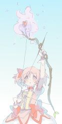 Rule 34 | 1girl, arrow (projectile), bow (weapon), dress, flower, gradient background, highres, kaname madoka, kaname madoka (magical girl), magical girl, mahou shoujo madoka magica, pink eyes, pink hair, twintails, weapon