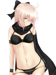 Rule 34 | 1girl, ahoge, bikini, bikini pull, black bikini, black bow, black gloves, black scarf, bow, breasts, closed mouth, clothes pull, commentary, cowboy shot, elbow gloves, fate/grand order, fate (series), frown, gloves, hair bow, head tilt, highres, looking at viewer, medium breasts, medium hair, multi-strapped bikini, nama kn, okita j. souji (fate), okita j. souji (first ascension) (fate), okita souji (fate), okita souji (koha-ace), scarf, silver hair, simple background, single glove, solo, standing, string bikini, swimsuit, white background, wristband, yellow eyes