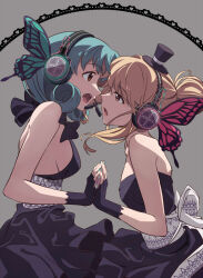 Rule 34 | 2girls, black gloves, black hat, blonde hair, breasts, butterfly hair ornament, butterfly wings, commentary request, face-to-face, fingerless gloves, futa yuri ryona, gloves, green hair, grey background, hair ornament, hat, highres, idolmaster, idolmaster million live!, idolmaster million live! theater days, insect wings, magnet (vocaloid), mini hat, mini top hat, multiple girls, open mouth, tenkuubashi tomoka, tokugawa matsuri, top hat, upper body, wings