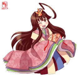 Rule 34 | 1girl, ahoge, alternate costume, artist logo, blush, brown eyes, brown hair, commentary request, dated, folding fan, hand fan, highres, hinamatsuri, holding, holding fan, huge ahoge, japanese clothes, kanon (kurogane knights), kantai collection, karaginu mo, kimono, kuma (kancolle), layered clothes, layered kimono, long hair, one eye closed, open mouth, simple background, smile, solo, white background