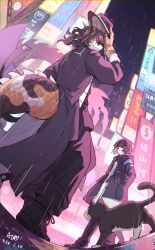 Rule 34 | 1boy, 1girl, arknights, black cat, black coat, black hair, black headwear, black pants, black sky, building, cat, coat, commentary request, dated, doctor (arknights), dutch angle, female doctor (arknights), fins, fish boy, fish tail, furry, furry male, gloves, gradient sky, hands in pockets, hat, head fins, highres, lee (arknights), looking at viewer, outdoors, pants, purple sky, puyue, rain, shirt, short hair, sign, signature, sky, tail, white shirt, yellow gloves
