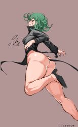 Rule 34 | 1girl, 9is, absurdres, ass, bare legs, black dress, blush, curly hair, curvy, dress, green eyes, green hair, high heels, highres, huge ass, long sleeves, looking at viewer, no panties, one-punch man, purple background, shiny skin, short hair, simple background, smile, solo, tatsumaki, thighs, wide hips