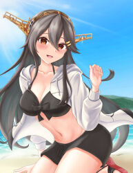 Rule 34 | 1girl, :d, bikini, black bikini, black hair, blush, breasts, brown eyes, cardigan, cleavage, collarbone, hair between eyes, hair ornament, hairclip, haruna (kancolle), headgear, highres, hood, hooded sweater, ichimai (apieceof ray151), kantai collection, large breasts, long hair, navel, official alternate costume, open cardigan, open clothes, open mouth, sandals, sitting, smile, solo, sweater, swimsuit, white sweater