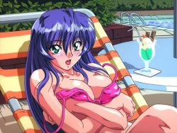 Rule 34 | 1girl, blue hair, blue theme, blush, breasts, crossed arms, grabbing own breast, green eyes, open mouth, pool, shiny skin, solo, swimsuit, tongue, tongue out, wardrobe malfunction