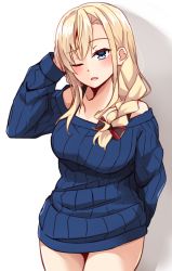 Rule 34 | 1girl, arm up, bare shoulders, black bow, blonde hair, blue eyes, blue sweater, blush, bow, braid, breasts, collarbone, commentary request, cowboy shot, hair between eyes, hair bow, high school fleet, highres, kapatarou, large breasts, long hair, long sleeves, off-shoulder, off-shoulder sweater, off shoulder, one eye closed, parted lips, revision, ribbed sweater, shadow, sidelocks, single braid, solo, sweater, white background, wilhelmina braunschweig ingenohl friedeburg