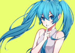 Rule 34 | 1girl, absurdres, blue eyes, blue hair, blue nails, blue necktie, closed mouth, collared shirt, finger to mouth, floating hair, grey shirt, hair between eyes, hatsune miku, highres, index finger raised, long hair, looking at viewer, nail polish, necktie, shirt, simple background, sleeveless, sleeveless shirt, smile, solo, upper body, user ecgy8843, very long hair, vocaloid, wing collar, yellow background
